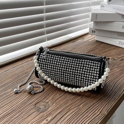 China PU Chain Leather Cross New Full Fashion Rhinestone Handbag 2021 Fashion Diamond Armpit Bags - Body And Handbags Pearl Handbag Women Bag for sale