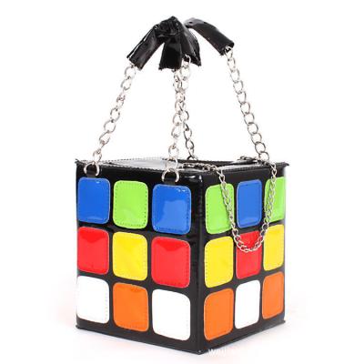 China Fashion Funny Magic Square Shape Tote Handbag Patent Leather Plaid Box Bag Fashion Chain Handle Bags Women Personality Phone Key Purse for sale