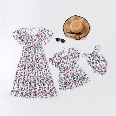 China Parent-child Casual Women's Skirt Flower Print Sleeveless Dress Anti-pilling Short Long Sleeve for sale