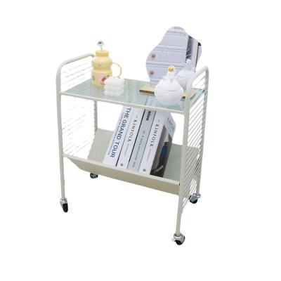 China 2 Tier Kitchen Supply Cart Minimalist Factory Glass Top Side Table Portable And Convenient Mobile Cart for sale