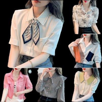 China High-end Women's Chiffon Top Western Style Shirt Anti-Wrinkle Shirt Women's Summer Dress 2022 New Small V-neck Short-sleeved Shirt for sale