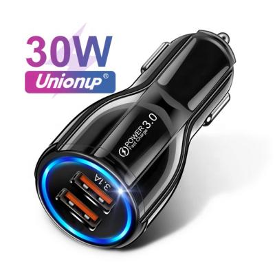 China Android Unionup 30W Fast Car Charger QC3.0 3A Car Cigarette Lighter Dual USB Adapter for LG iPad iPhone Samsung for sale