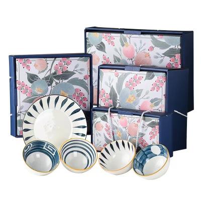 China Stocked Bohemian Hotel Restaurant Japanese Style Ceramic Bowl And Plate Dinnerware Sets For Gift Box for sale