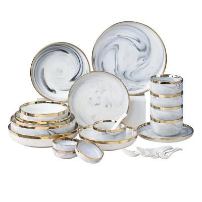 China Sustainable Nordic Style Ceramic marble gray gold rim dinner plate soup bowl hotel porcelain tableware set in stock for sale