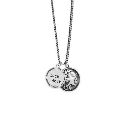 China Lucky Star Pattern Lettered S925 Round Silver Geometry Coin Vintage Fashion Pendant Necklace for sale