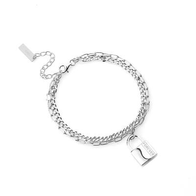 China TRENDY Fashion Lock Dangle Charm Couples Bracelets 2022 Silver Layered Adjustable Double Chain Bangle Bracelet 925 Sterling for sale