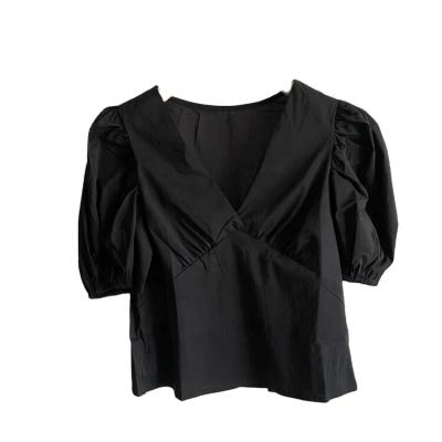 China Breathable Ladies Short V-Neck Breath Sleeve Design Shirt Cotton And Polyester Fabric Skin-friendly And Comfortable for sale