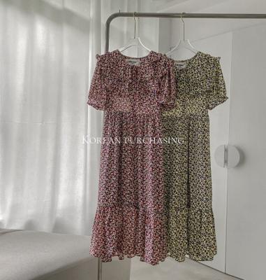 China 2021 Wholesale Anti-Wrinkle Printing Short Sleeve Ruffle Women Floral Lady Summer Midi Dresses for sale