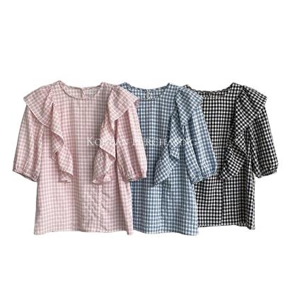 China Breathable Short Sleeve Women Summer Plaid Shirt Cute Pink Korean Designer Blouse Tops Ruffles Blouse For Ladies for sale