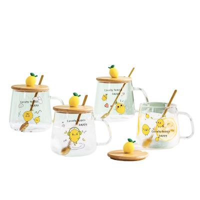 China Fashion Creative Custom Design Kawaii Lemon Viable Fruit Pattern Glass Cups With Bamboo Lids And Spoon for sale