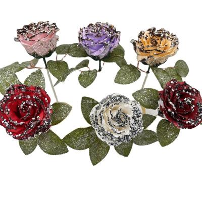 China DIY Popular Hot Selling 24cm Rose Flower Branch with Glitter and Pearl Decoration for Valentines Day Decorations for sale