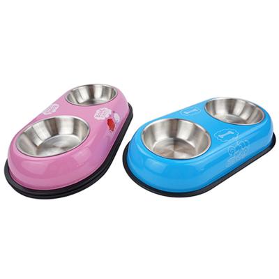 China Hot Selling Viable Multicolor Oval Multi-Color Cartoon Stainless Steel Pet Bowl 2 in 1 Feeder Drinking Water Cat and Dog Food Bowl for sale