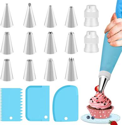 China Sustainable 19 Pcs Cake Decorating Stainless Piping Sets Nozzles Kits Silicone Glazing Piping Set for sale