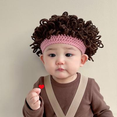 China skin-friendly wig hat for baby funny cute hats for kids big elastic hats with fake wig made of Knitted hat wool hat for sale