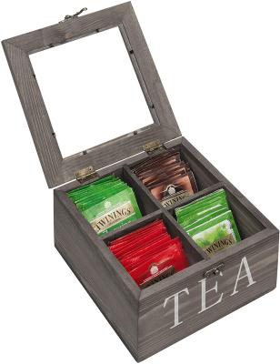 China Wholesale Custom Rustic Europe Gray Wood Tea Bag Storage Chest With Clear Lid for sale