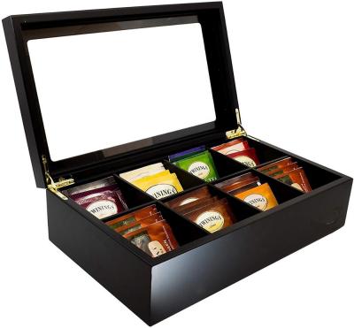 China Europe Tea Caddy Storage Organizer For Tea Collections, 8 Compartments w/Glass Window (Black) for sale