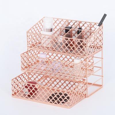 China Rose Gold Metal Perfume Sustainable Luxury Make Up Cosmetic Organizer Storage Box Makeup Stand Vanity Rack for sale