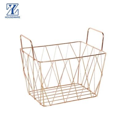 China Metal Rectangle Countertop Kitchen Ware Organizer Rose Gold Wire Breads Vegetables Snack Basket Stand Viable Fruit Basket with Handle for sale