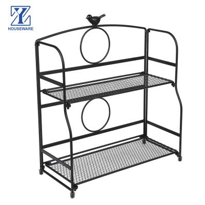 China Universal Desktop Pantry Shelf Storage Seasoning Spice Rack Organizer 2 Tier Kitchen Bathroom Counter Workable Metal Foldable Rack for sale