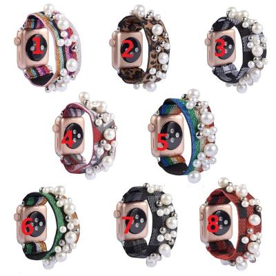 China For iwatch Band With Leopard Charm Women Fashion Charm For Apple Watch Band Pearl Elastic Replacement Leopard Beaded Strap For iWatch Se Series 6 5 4 3 for sale