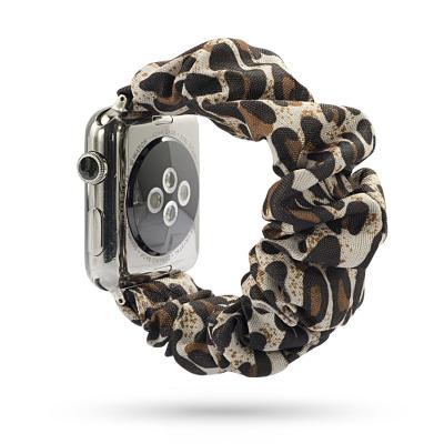 China Custom Girly Scrunchies Watch Bands Logo Watch Charm Bands For Apple Watch 44mm Leopard Flowers Printed Elastic Fabric Strap For Iwatch Se 6 7 for sale