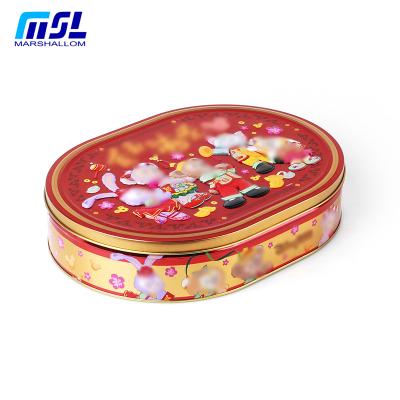 China New Year Oval Shape Candy Tin Box Large Capacity Packaging Tin Box Packaging Tin Box Custom Emboss Printing Tin Box for sale