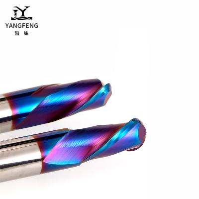 China CNC Process YF Milling Cutter Helix 2 Flute Tungsten Carbide Ball Nose Nano Blue Coating Endmill for sale