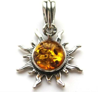 China Handmade Certified Genuine Baltic Amber and Flaming Stainless Steel Small Sun Pendant for sale