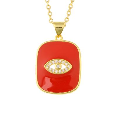 China Real Religious Handmade Fashion 18k Gold Plating Enamel Evil Eye Square Shape Lucky Pendant With Zirconia Jewelry Sweater Necklace for sale