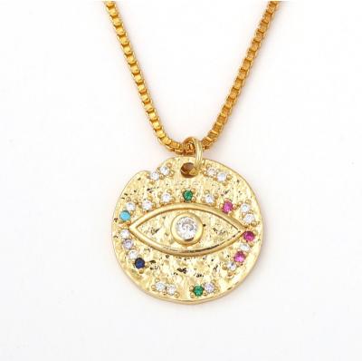 China 2021 High Quality Real Vintage 18k Gold Plating Evil Eye Disc Shape Pendant Vintage Coin Charm With Zirconia Rhinestone Jewelry Necklace for sale