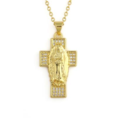 China Hip Hop Fashion Jewelry 18k Gold Plating Christian Jesus Mother Virgin Mary Cross Pendant Zirconia Saint Jewelry Hip Hop Jewelry for sale