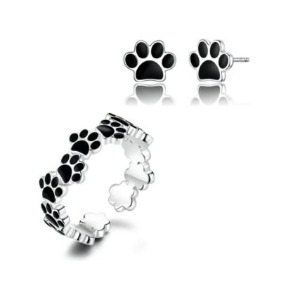 China Trendy Fashion Jewelry Set 925 Sterling Silver Pet Paw Footprint Earring Dog Cat Footprints Jewelry Set Animal Footprint Earring for sale