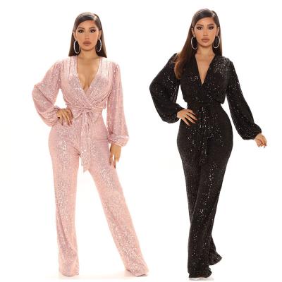 China QUICK DRY Gold Beading Elegant Classic Dress V-Neck SexyJumpsuits Nightclub Plus Size Women Jumpsuits for sale