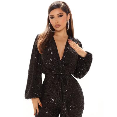 China QUICK DRY Gold Beading Elegant Classic Dress V-Neck SexyJumpsuits Nightclub Plus Size Women Jumpsuits for sale