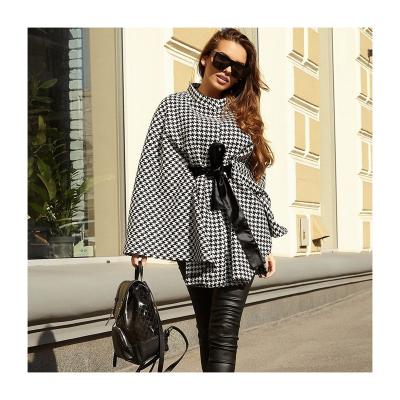 China Anti-wrinkle plaid coat winter coat loose lace up coat turtle neck plaid coat free size sheaths long ladies tops for sale