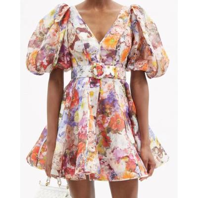 China Women Autumn Ladies Sundress Boho Sleeve Mini Beach Dresses Sexy V-Neck Floral Print Anti-Static Short Dress New for sale