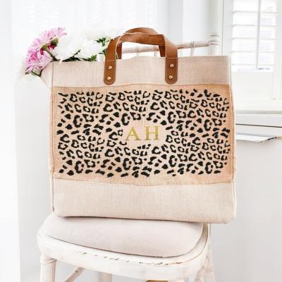 China Cheap Eco - Friendly Custom Printed Eco Shopping Organic Reusable Large Tote Burlap Jute Bag With Leather Handles for sale