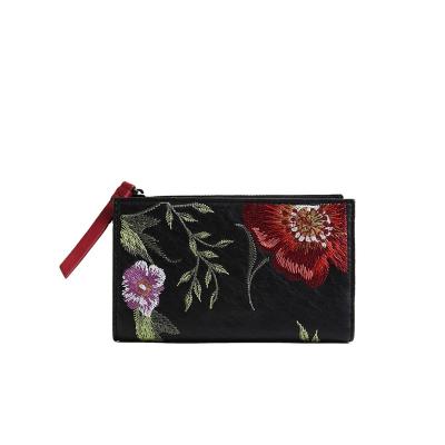 China Fashion High Quality Sophisticated Embroidery Leather Effect Coin Purse Flowers Clog Vegan Leather Women Wallet for sale