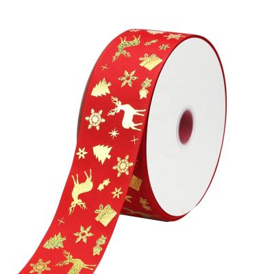 China 3 Inch 75mm Viable Christmas Liston Printed Ribbon Gold Hologram Grosgrain Ribbon For Hair Bow for sale