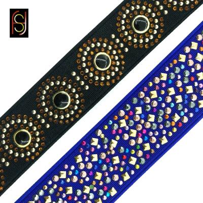 China Polyester Elastic Flat Rhinestone Fashion Decorative Elastic Band For Shoe for sale