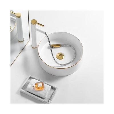 China Modern Line Luxury Mounted Modern Basin Sink Porcelain Bathroom Ceramic Gold Shampoo Sinks for sale