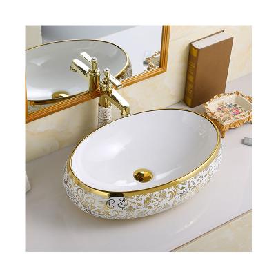 China Art Vanity Basin Electroplated Ceramic Top Vessel Sink Modern Luxury Gold Lavabo Bathroom Sink Table for sale