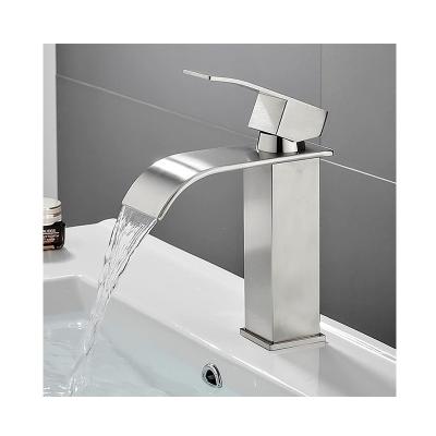 China Modern Plating Metered Faucets Hotel Bathroom Stainless Steel Waterfall Basin Sink Water Tap Square Faucet for sale