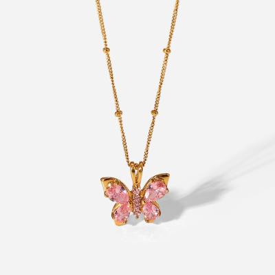 China 2022 New Fashion Unfading 18K Gold Plated Stainless Steel Zircon Pink Butterfly Pendant Necklace for sale