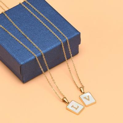 China Trendy Unfading Women's Initial A-Z Letter A-Z Letter White Rectangular Shell Letter Pendant Necklace 18K Gold 316 Stainless Steel Necklace for sale