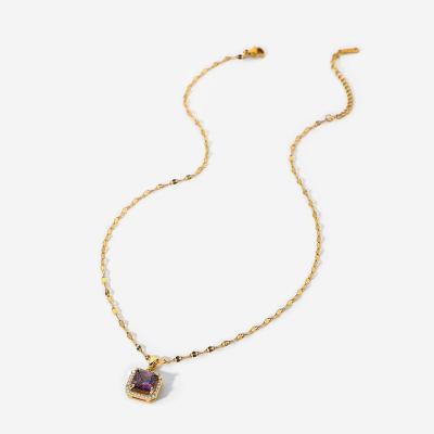 China Stainless Steel Unfading Chain 18K Style Ins Micro White Inlaid Zircon Wrped Purple Square Zircon Pendant Necklace for sale