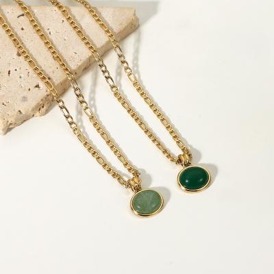 China Unfading 14K Blow Ling Green Jade Around Clavicle Chain Lady Gold Plated Retro Figaro Chain Stainless Steel Pendant Necklace for sale