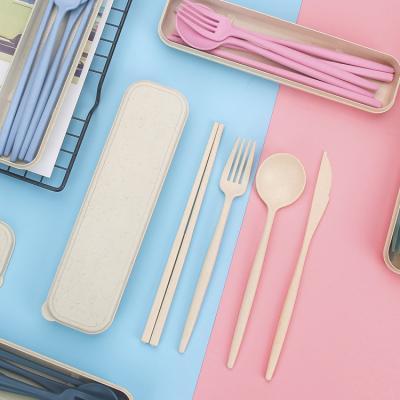 China Sustainable Hot Selling Wheat Straw Portable Travel Spoon Knife Fork Chopsticks Eco-Friendly Creative Cutlery Set With Box for sale