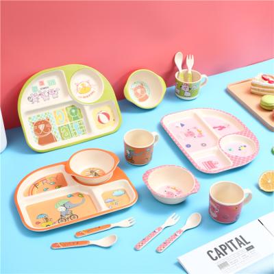 China 5Pcs Disposable Bamboo Fiber Children Kids Cartoon Shape Tableware Set BPA Free Biodegradable for sale