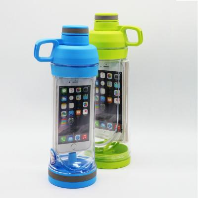 China Sustainable bpa free plastic sports drinking water bottle with iphone case storage for sale